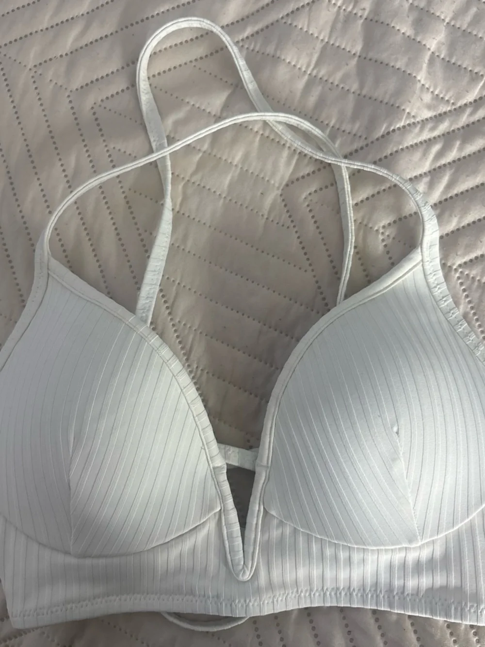 Ribbed White V-Notch Swim Bra